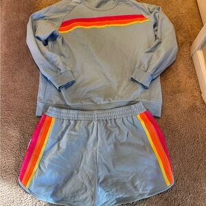 Blue Sweatshirt and Shorts Set with Rainbow Stripes